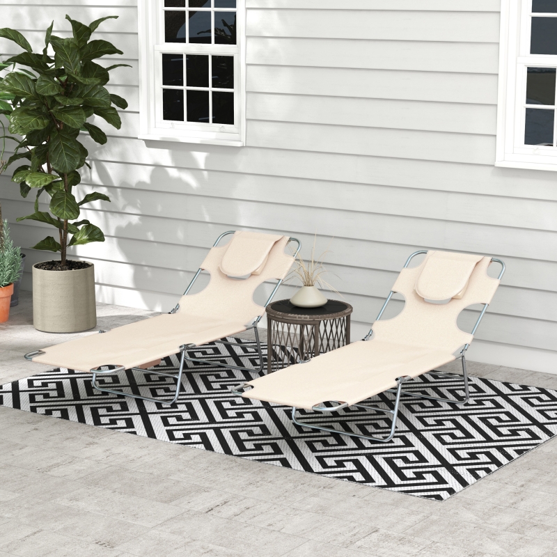 Best Foldable Sun Lounger Set of 2, Beach Chaise Lounges with Reading Hole, Arm Slots, 5-Position Adjustable Backrest, Side Pocket, Pillow for Patio, Garden, Beach, Pool, Beige - Image 10