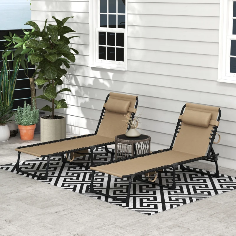 Best Portable Sun Lounger Set of 2, Folding Camping Bed Cot, Reclining Lounge Chair 5-position Adjustable Backrest with Side Pocket, Pillow for Patio Garden Beach Pool, Beige - Image 2
