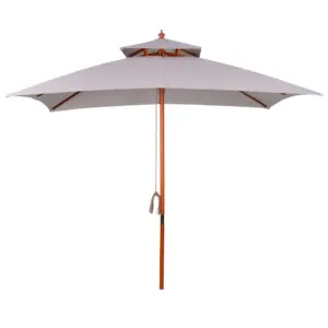 Best 3 x 3 (m) Garden Parasol Umbrella, Large Square Outdoor Patio Sunshade Canopy with Double Tier, 48 mm Wooden Pole, 8 Ribs for Balcony, Grey
