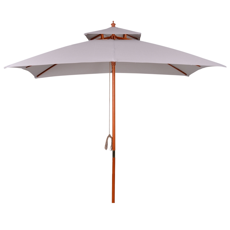 Best 3 x 3 (m) Garden Parasol Umbrella, Large Square Outdoor Patio Sunshade Canopy with Double Tier, 48 mm Wooden Pole, 8 Ribs for Balcony, Grey