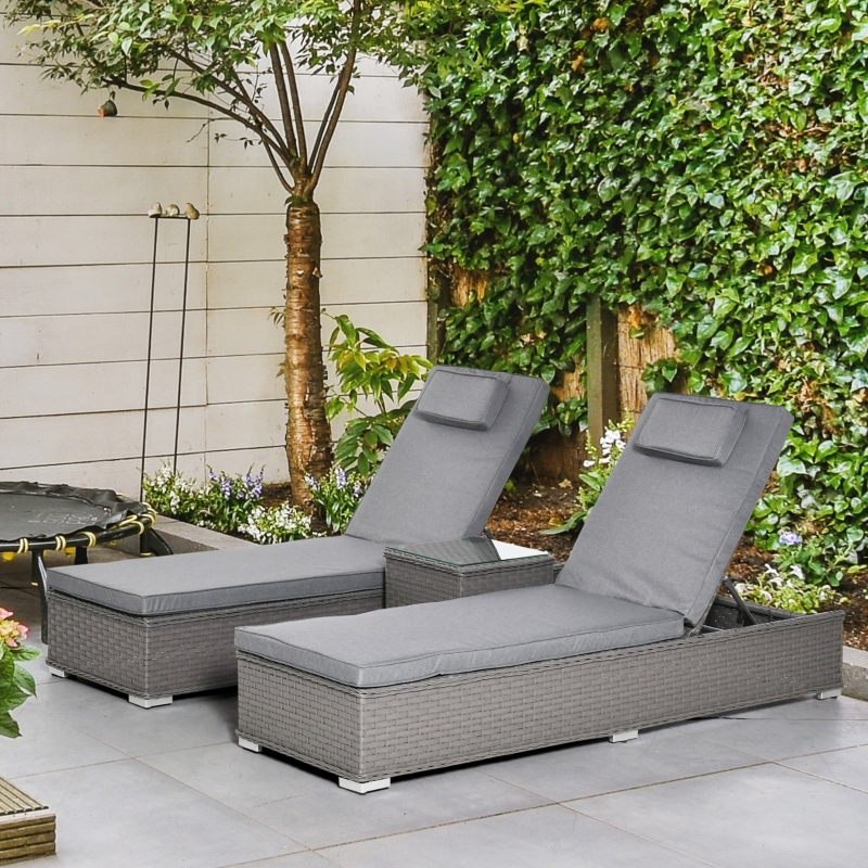 Best 3 Pieces Rattan Sun Lounger Set with Aluminium Frame, 5-Position Adjustable Reclining Garden Chairs and Glass Top Table, Wicker Garden Furniture Daybed with Cushions for Patio, Grey - Image 10