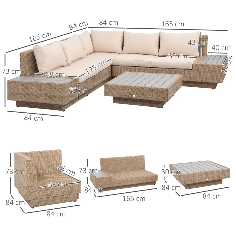 Best 4 Pieces Rattan Garden Furniture Set, Garden Corner Sofa with Side Trays, Wicker Conservatory Furniture Set with Loveseats, Slatted Plastic Top Coffee Table and Cushions, Beige - Image 3