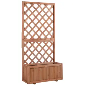 Best 72.5 x 31.5 x 149.5 cm 45L Garden Wooden Pine Trough Planter with Topped Trellis Climbing Plants Flower Raised Bed, Orange