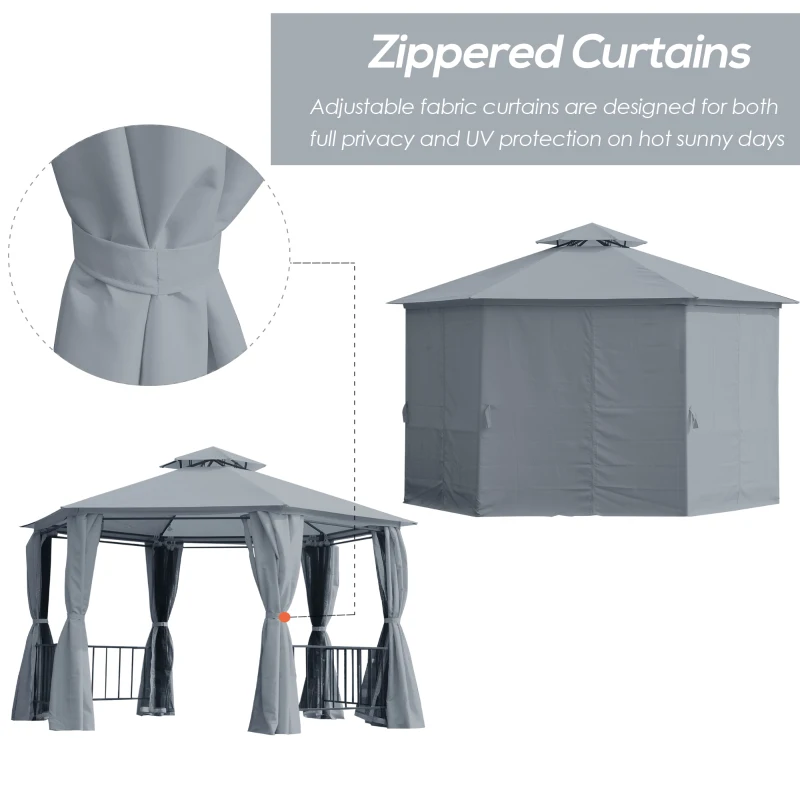 Best 3 x 3(m) Hexagon Gazebo Patio Canopy Party Tent Outdoor Garden Shelter w/ 2 Tier Roof & Side Panel - Grey - Image 7