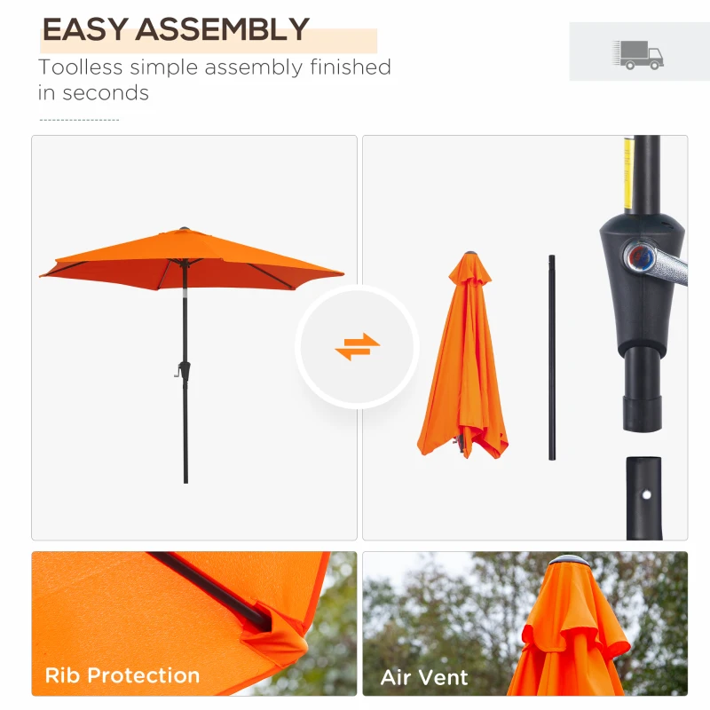 Best 2.6M Garden Parasol Umbrella with Tilt and Crank, Outdoor Sun Parasol Sunshade Shelter with Aluminium Frame, Orange - Image 6