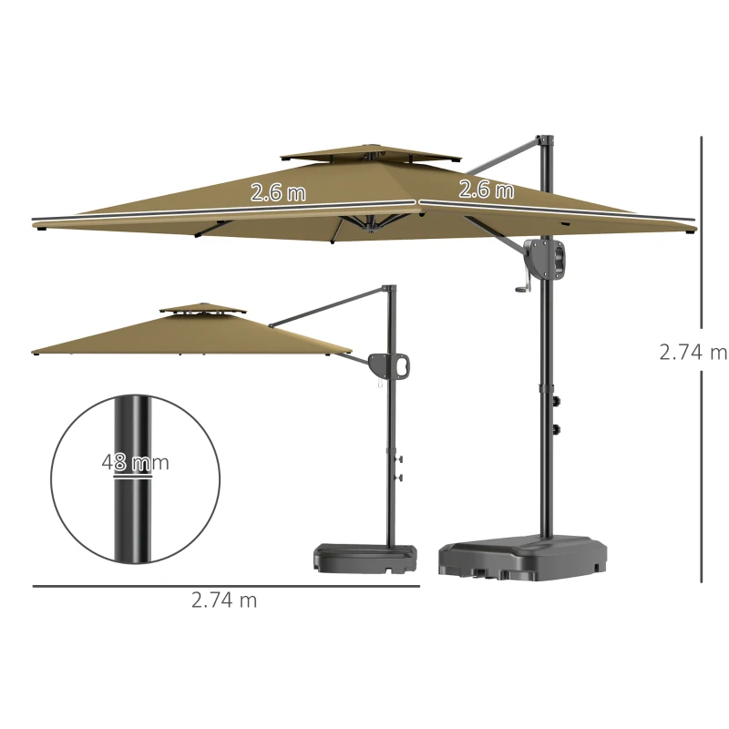 Best Cantilever Parasol with Weighted Base Double Top Garden Parasol Square Hanging Patio Umbrella with Crank Tilt Khaki - Image 3