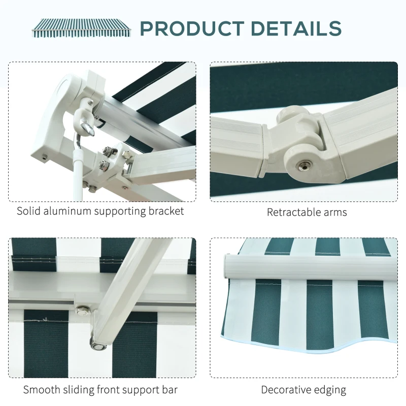 Best 3 x 2.5m Patio Awning, Anti-UV and Waterproof Sun Shade Canopy with Chain Drive and Hand Crank, Green/White Stripes - Image 7
