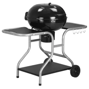 Best Portable Charcoal Kettle Grill Outdoor Barbecue Trolley BBQ Heat Smoker Grilling with 2 Wheels, Storage Shelf and 4 Hooks, Free Standing, Black