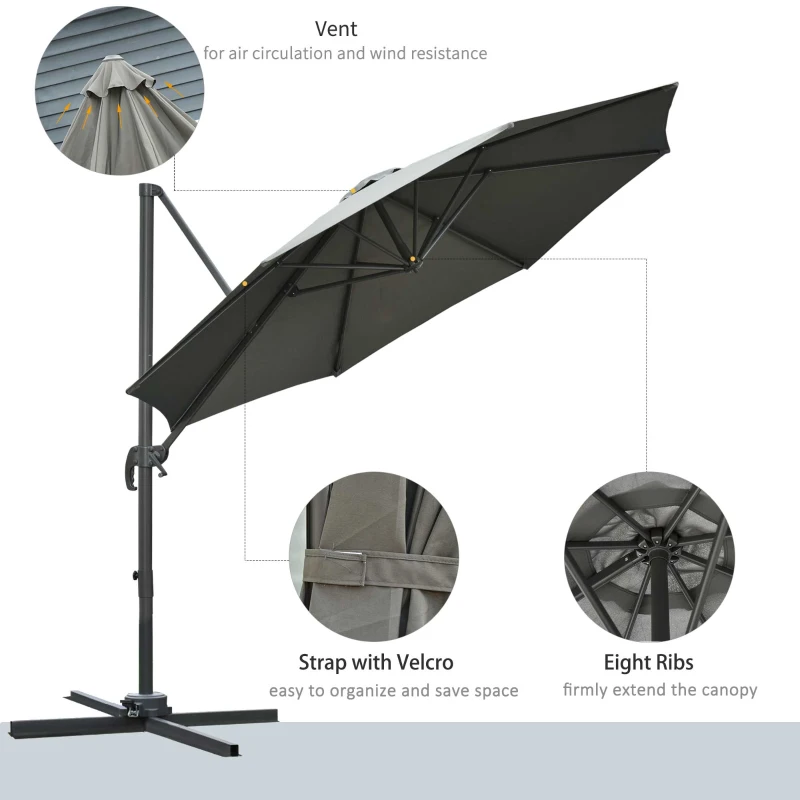 Best 3(m) Offset Parasol Cantilever Hanging Umbrella 360° Rotation w/ Base Dark Grey - Image 6