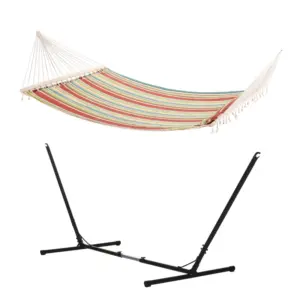 Best Outdoor Garden Hammock with Stand, Double Cotton Hammock with Adjustable Steel Frame, Swing Hanging Bed with Pillow, for Garden, Patio, Beach, Red Stripes