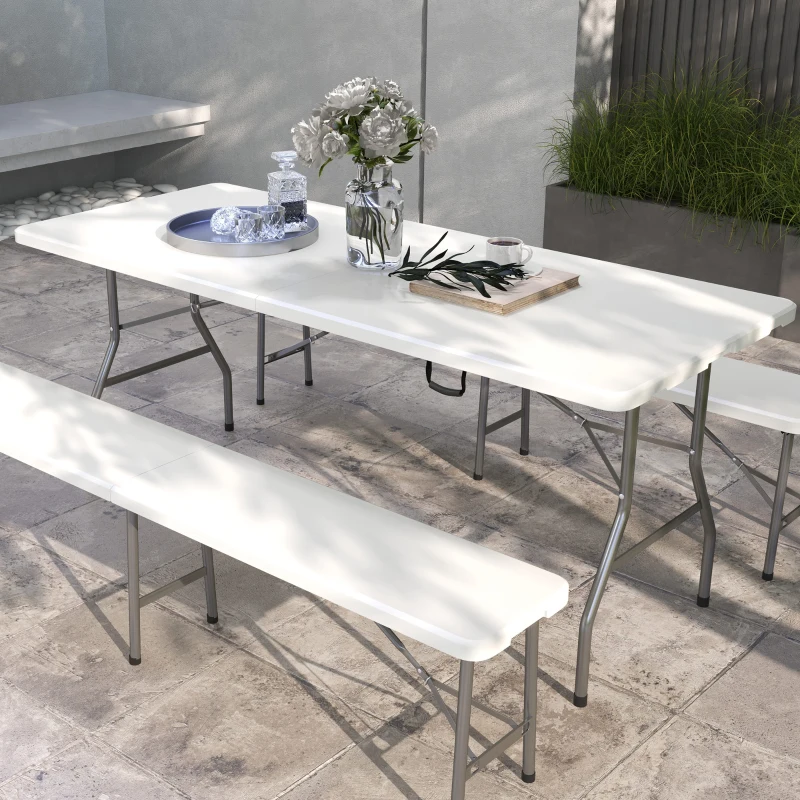 Best 180 x 75cm Folding Garden Table, Outdoor HDPE Picnic Table for 6, Rectangular Patio Table with Metal Frame, White - Image 2