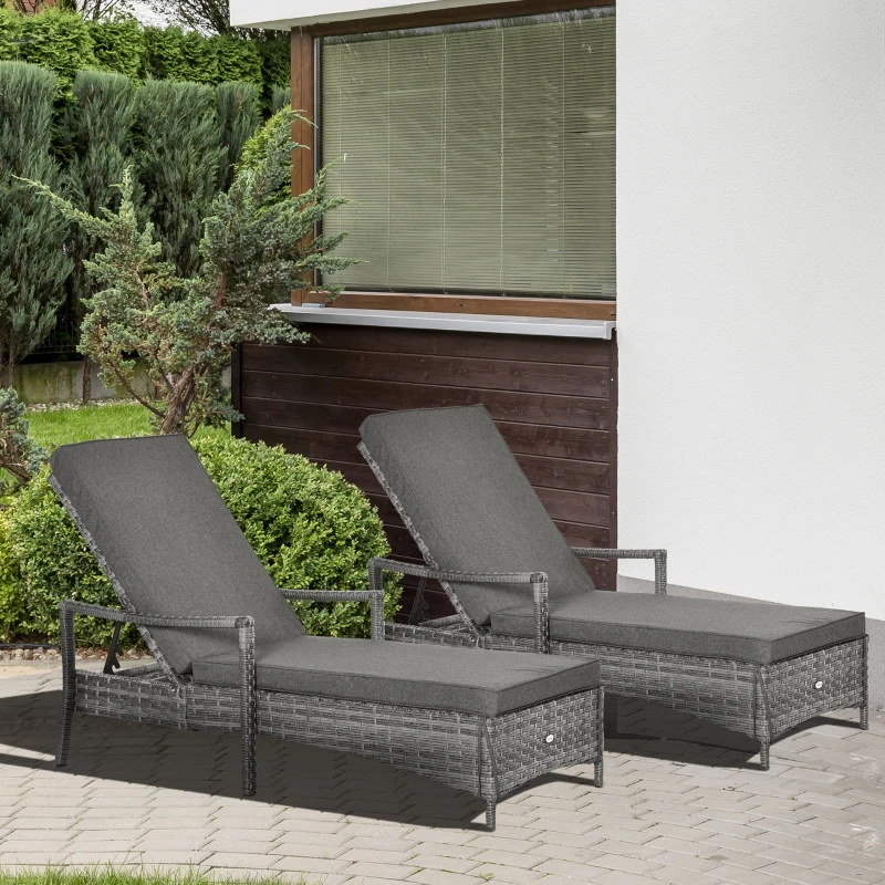 Best PE Rattan Sun Loungers set of 2 with Cushion, Outdoor 2 Pieces Garden Sunbed Furniture with 4-Level Recliner Backrest, and Armrest, Grey - Image 2
