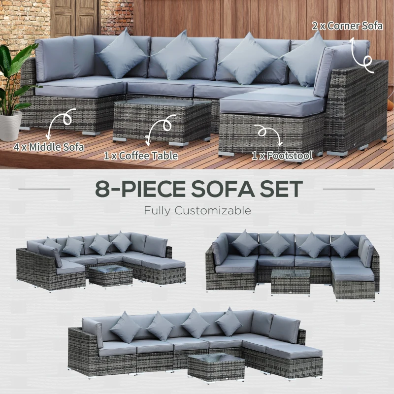 Best 8 Pieces PE Rattan Corner Sofa Set with Thick Cushions, Aluminium Outdoor Rattan Garden Furniture Set with Glass Top Table, No Assembly Required, Grey - Image 6