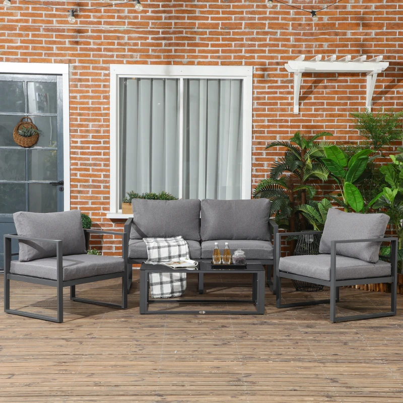 Best 4 Pieces Garden Sofa Set 2 Single Armchair 1 Bench & Side Table Set Aluminium Frame Patio Furniture with Cushions Grey - Image 2