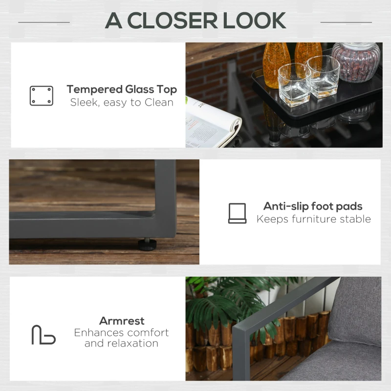 Best 4 Pieces Garden Sofa Set 2 Single Armchair 1 Bench & Side Table Set Aluminium Frame Patio Furniture with Cushions Grey - Image 6