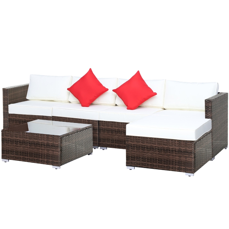 Best 6 Pieces Rattan Garden Furniture Set, 5 Seater Sectional Garden Corner Sofa Set with Glass Top Coffee Table, Cushions and Pillows, All-Weather Wicker Conversation Furniture, Cream White - Image 11