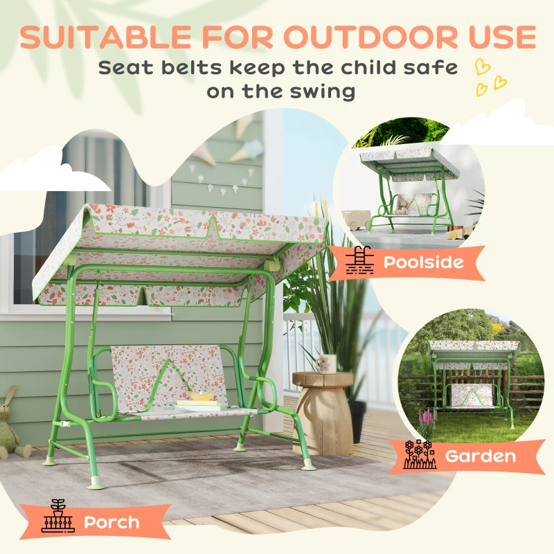 AIYAPLAY Kids Garden Swing Chair with Adjustable Canopy, Safety Belt, 2 Seater Hammock Swing Bench for Patio, Porch, Green - Image 6