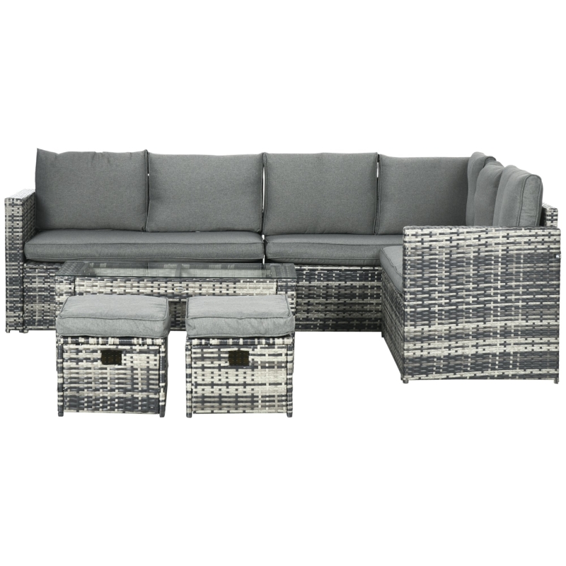 Best 6 Piece Rattan Garden Furniture Set, 8-Seater Outdoor Sofa Sectional with 3 Cushioned Loveseat 2 Footstools Table Grey - Image 11