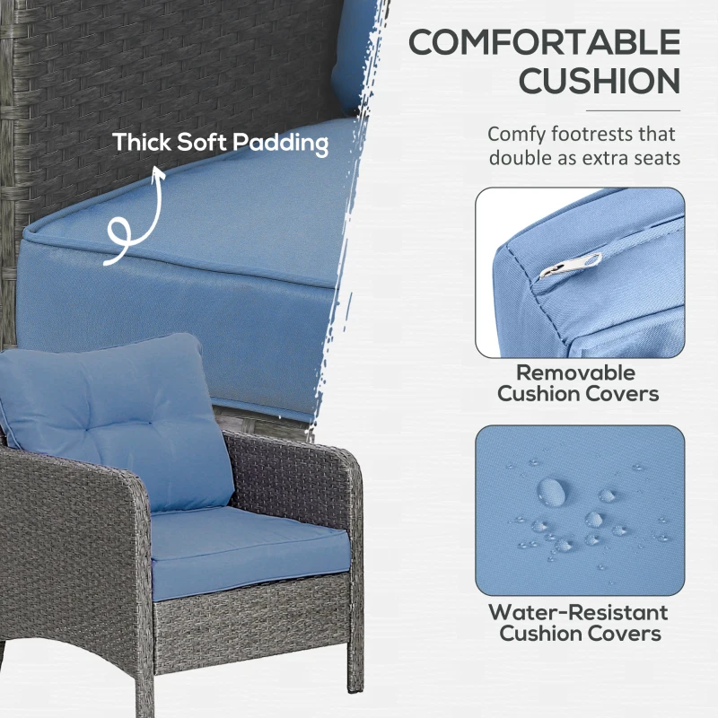 Best 5 Pieces PE Rattan Garden Furniture Set, Wicker Outdoor Sofa Set w/ 2 Armchairs 2 Stools Glass Top Table Cushions, Blue - Image 5