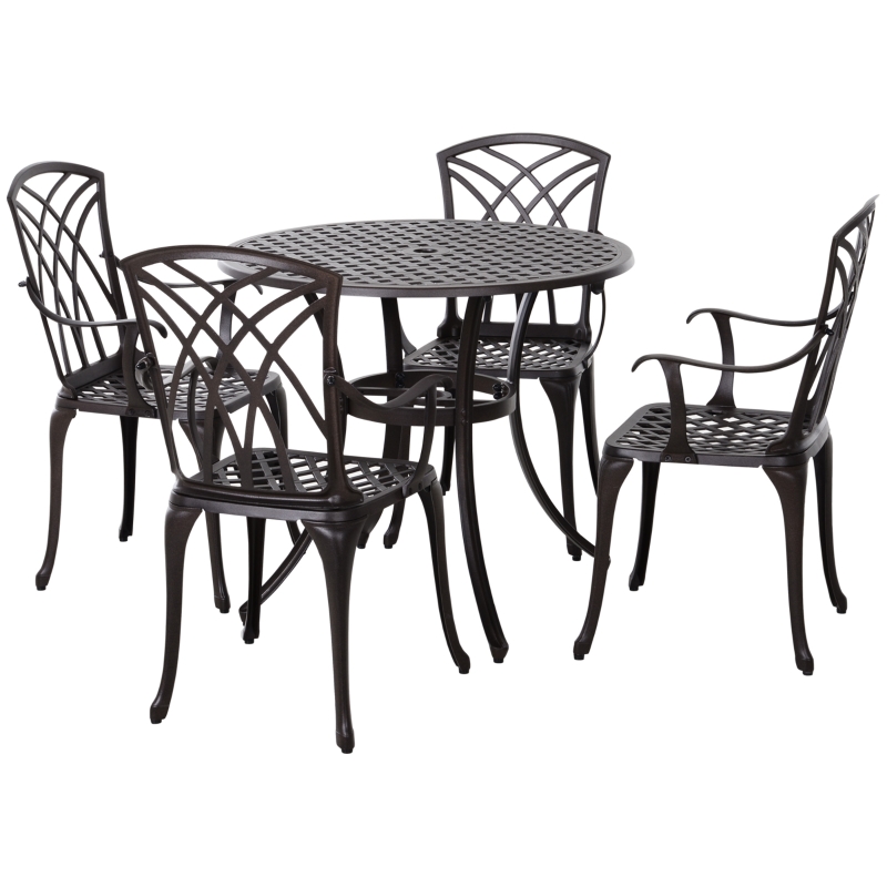 Best 5 Pieces Garden Dining Set for 4, Cast Aluminium Outdoor Dining Set with 4 Armchairs and Round Dining Table with Parasol Hole, Garden Furniture Set, Brown - Image 11