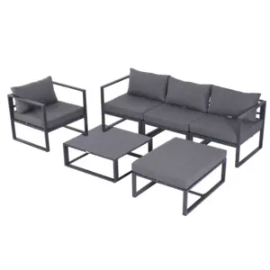 Best 6 PCs Outdoor Indoor Sectional Sofa Set Thick Padded Cushions Aluminium Frame 5 Seaters 1 Coffee Table Footrest Grey