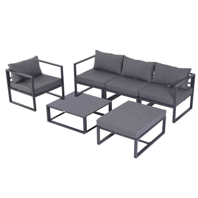 Best 6 PCs Outdoor Indoor Sectional Sofa Set Thick Padded Cushions Aluminium Frame 5 Seaters 1 Coffee Table Footrest Grey