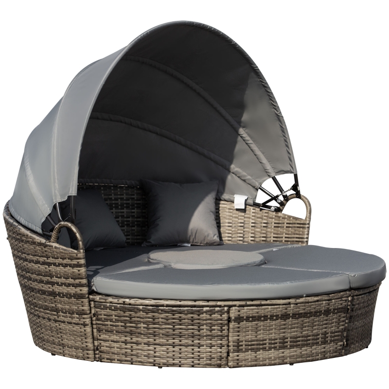 Best Outdoor PE Rattan Garden Furniture with Cushioned, Patio Wicker Conversation Furniture Set, Round Daybed with Retractable Canopy, Coffee Table and Three Pillows, Dark Grey - Image 11