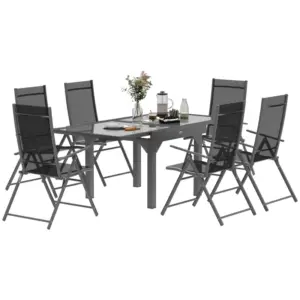 Best 7 Piece Outdoor Dining Set with Extendable Table and 6 Folding Chairs for Patio, Balcony, Deck, Grey