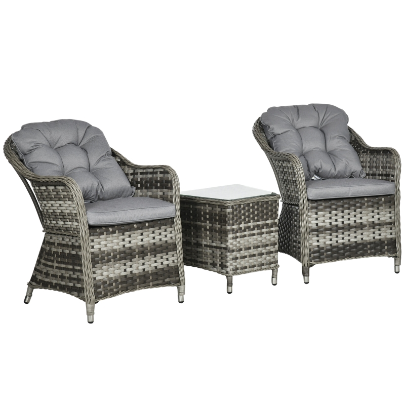 Best 3 Pieces Rattan Bistro Set, Wicker Garden Bistro Set, Glass Top Balcony Table and Chairs with Cushions for Outdoor, Patio, Balcony, Grey - Image 11