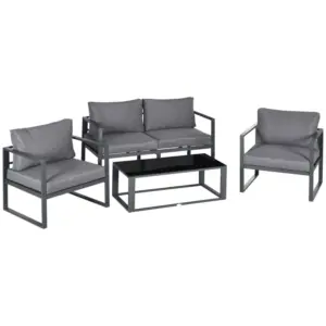 Best 4 Pieces Garden Sofa Set 2 Single Armchair 1 Bench & Side Table Set Aluminium Frame Patio Furniture with Cushions Grey