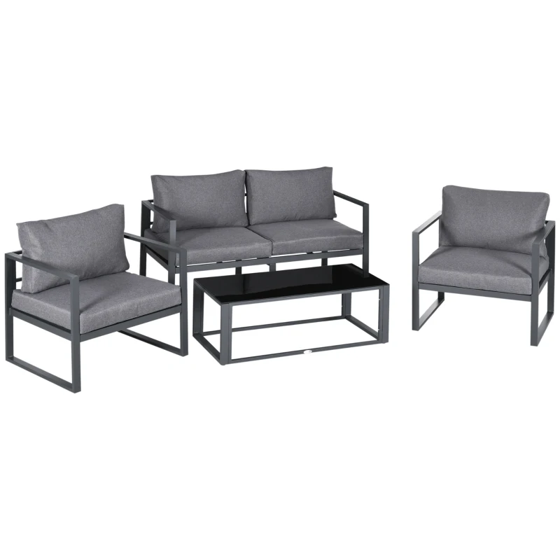 Best 4 Pieces Garden Sofa Set 2 Single Armchair 1 Bench & Side Table Set Aluminium Frame Patio Furniture with Cushions Grey