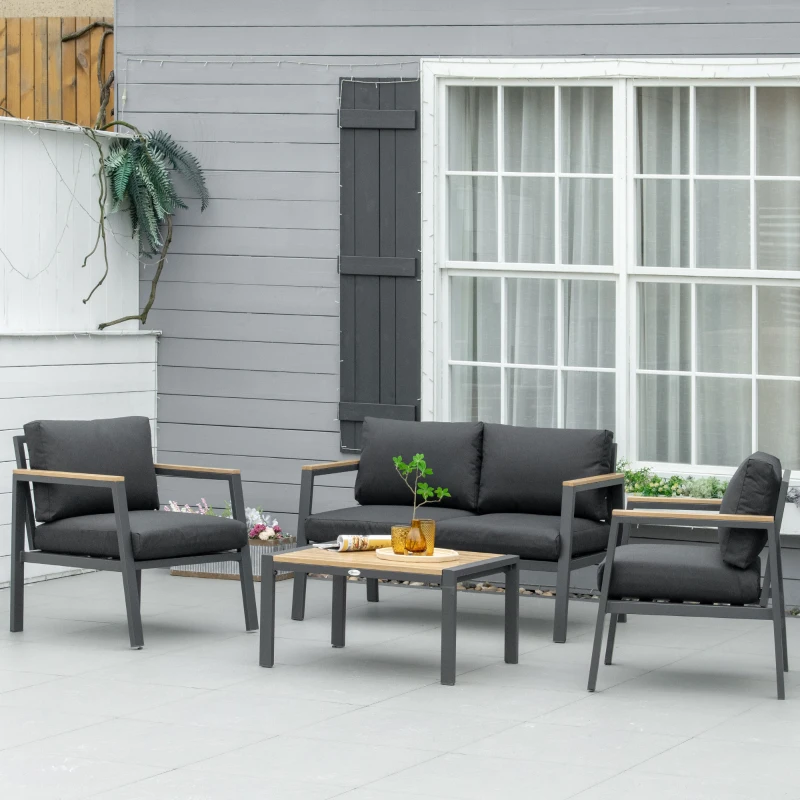Best 4 Piece Garden Sofa Set with Padded Cushions, 4-Seater Aluminium Outdoor Conversation Furniture Set with Coffee Table, Grey - Image 2
