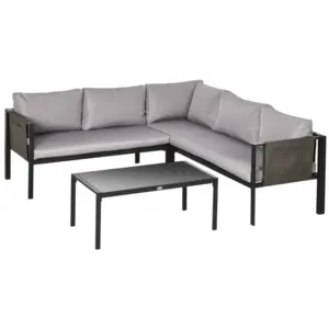 Best 5 Seater Garden Corner Sofa Set, 4 Pieces Metal Garden Furniture Set with Loveseats, Glass Top Coffee Table, Breathable Mesh Pocket, Outdoor Conversation Furniture with Cushions, Light Grey