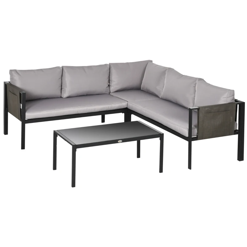Best 5 Seater Garden Corner Sofa Set, 4 Pieces Metal Garden Furniture Set with Loveseats, Glass Top Coffee Table, Breathable Mesh Pocket, Outdoor Conversation Furniture with Cushions, Light Grey