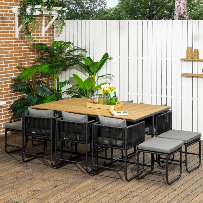 Best 10 Seater Rattan Cube Garden Furniture Set, Rattan Dining Set with Cushions, Outdoor Dining Table and Chairs with 6 Armchairs, 4 Stools, Rectangular Wood Grain Plastic Top Table, Black - Image 2