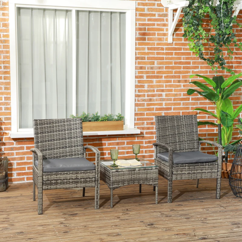 Best 3 Pieces Rattan Bistro Set, Wicker Garden Furniture Set with Glass Top Coffee Table and Chairs, Washable Cushions for Outdoor, Patio, Balcony, Mixed Grey - Image 2