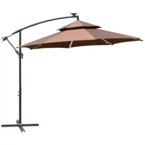 Best 3(m) Cantilever Banana Parasol Hanging Umbrella with Double Roof, LED Solar lights, Crank, 8 Sturdy Ribs and Cross Base for Outdoor, Garden, Patio, Coffee