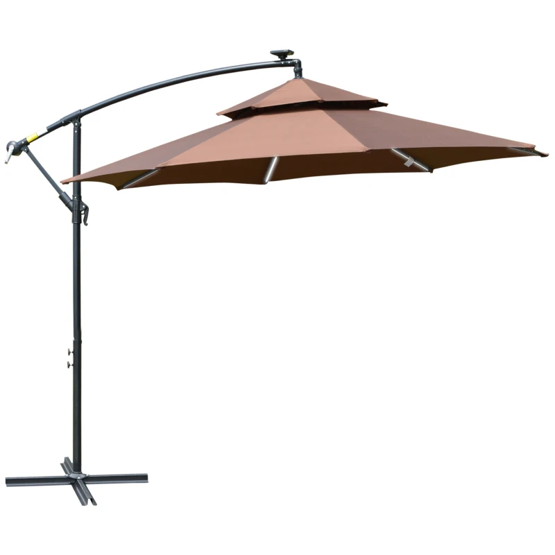 Best 3(m) Cantilever Banana Parasol Hanging Umbrella with Double Roof, LED Solar lights, Crank, 8 Sturdy Ribs and Cross Base for Outdoor, Garden, Patio, Coffee