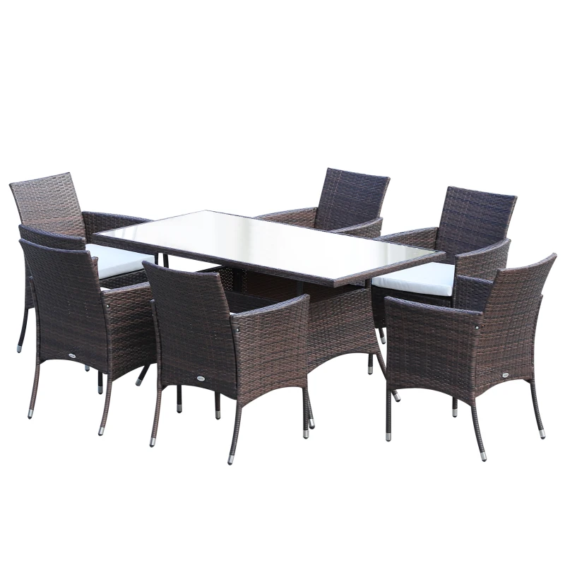 Best 6 Seater Rattan Dining Set with Cushions, Rattan Garden Furniture Set with 6 Armchairs, Rectangular Glass Top Table, Outdoor Dining Table and Chairs, Brown