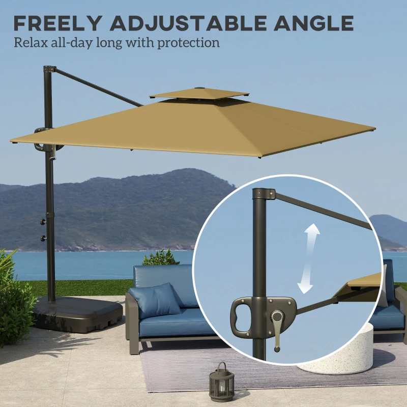 Best Cantilever Parasol with Weighted Base Double Top Garden Parasol Square Hanging Patio Umbrella with Crank Tilt Khaki - Image 5