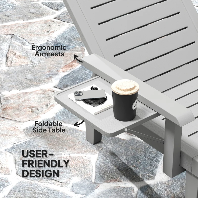 Best Set of 2 Resin Reclining Sun Loungers for Garden, 5 Positions Adjustable Outdoor Chaise Lounge Chairs with Wood Texture Surface, Armrests, Foldable Side Table for Garden, Beach, Light Grey - Image 5