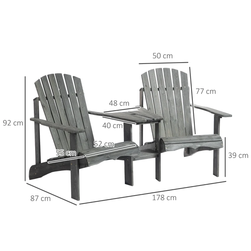 Best Wooden Outdoor Double Adirondack Chairs Loveseat w/ Centre Table and Umbrella Hole, Garden Patio Furniture for Lounging and Relaxing, Grey - Image 3