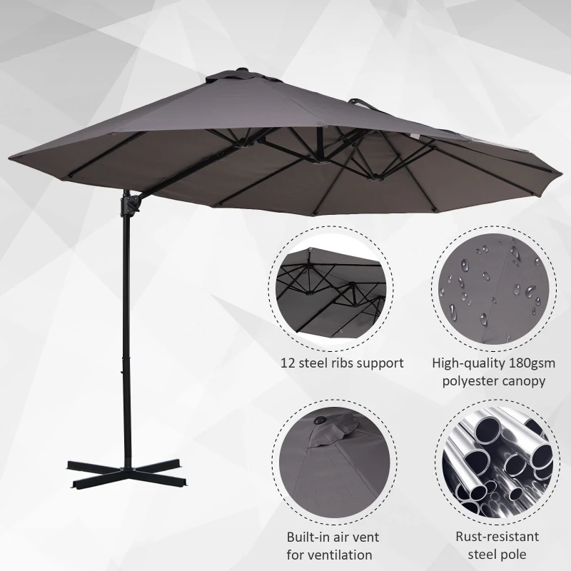 Best Double Canopy Offset Parasol Umbrella Garden Shade w/ Steel Pole 12 Ribs Grey - Image 4