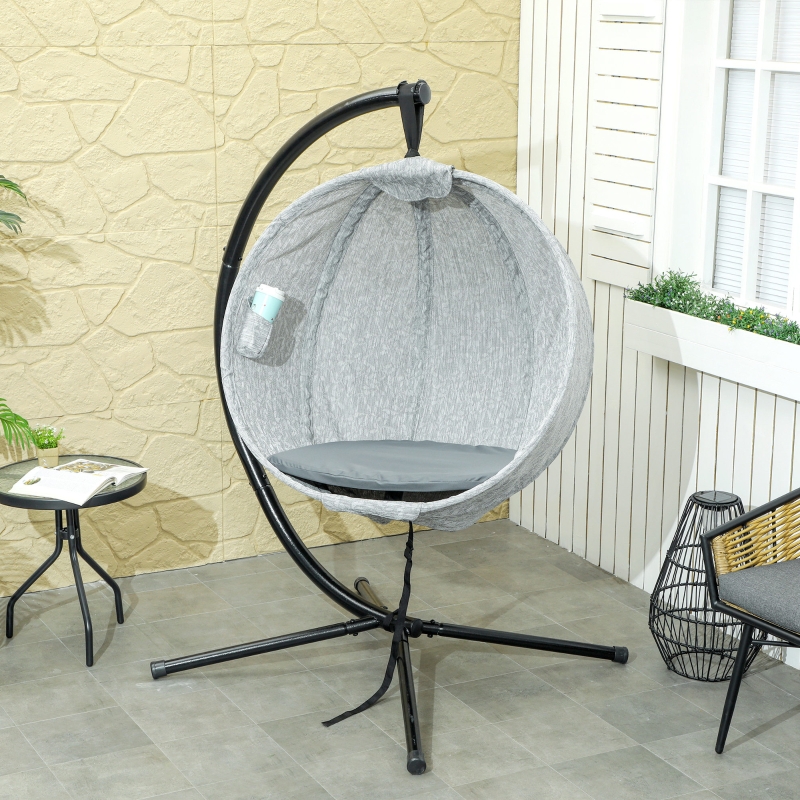 Best Hanging Egg Chair Outdoor Indoor Garden Swing Chair with Folding Basket, Garden Hanging Chair with Stand, Thickened Cushion, Cup Holder for Patio, Balcony, Grey - Image 9