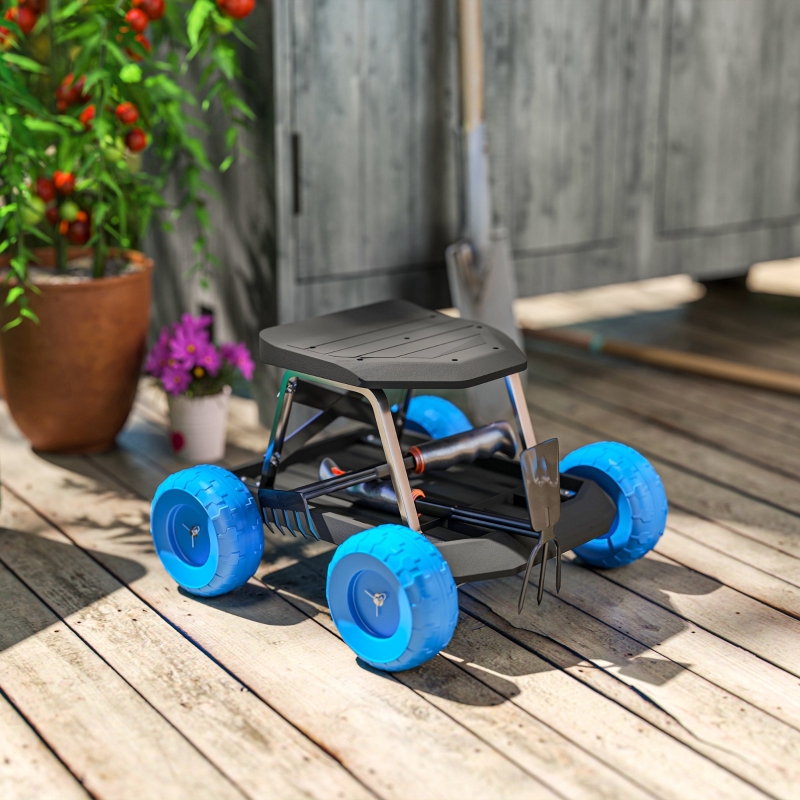 Best Garden Cart with Wheels, Garden Stool Trolley with Tool Tray, Rolling Garden Seat for Weeding, Planting, Blue - Image 10