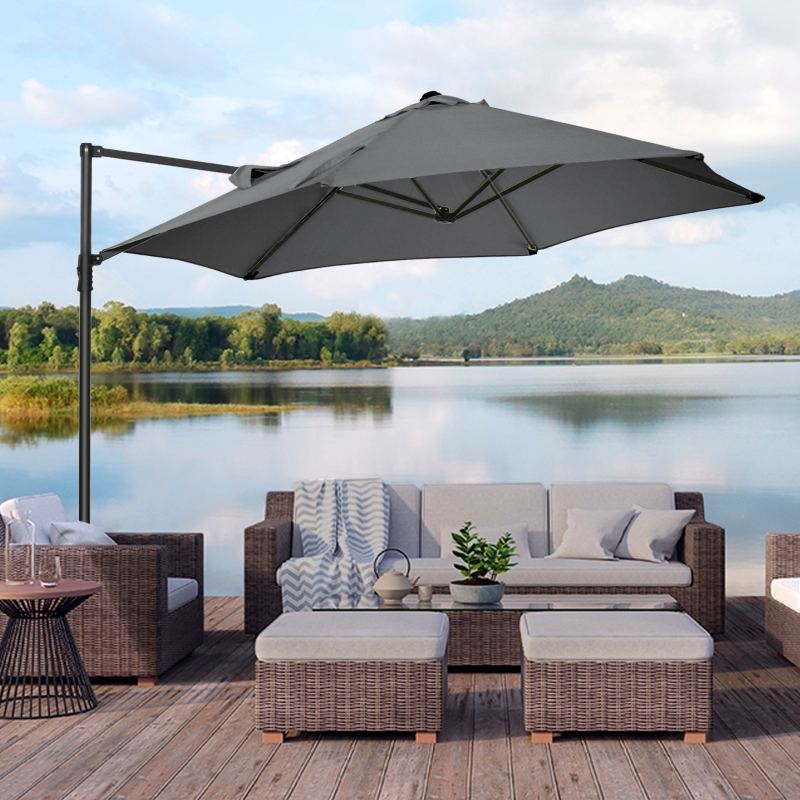 Best 2.5M Garden Cantilever Parasol, Offset Roma Patio Umbrella Hanging Sun Shade Canopy Shelter with 360° Rotation and Cross Base, Dark Grey - Image 10