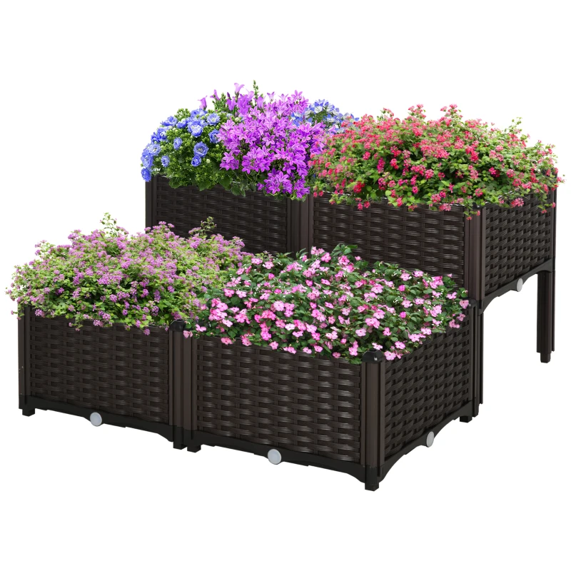 Best Set of 4 26L Garden Raised Bed Elevated Patio Flower Plant Planter Box PP Vegetables Planting Container, Brown