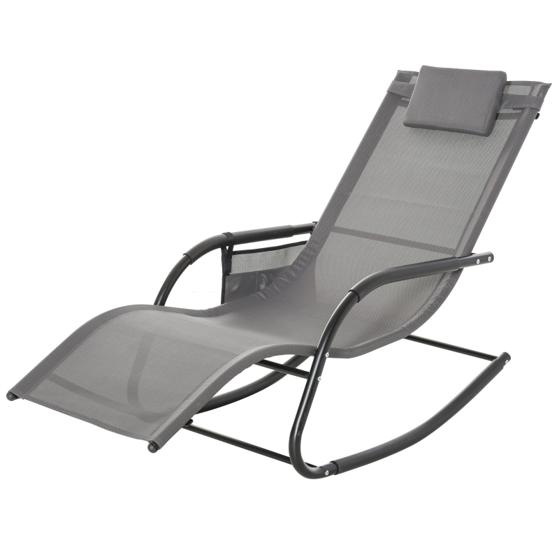 Best Outdoor Garden Rocking Chair, Patio Sun Lounger Rocker Chair with Breathable Mesh Fabric, Removable Headrest Pillow, Armrest, Side Storage Bag, Grey - Image 11