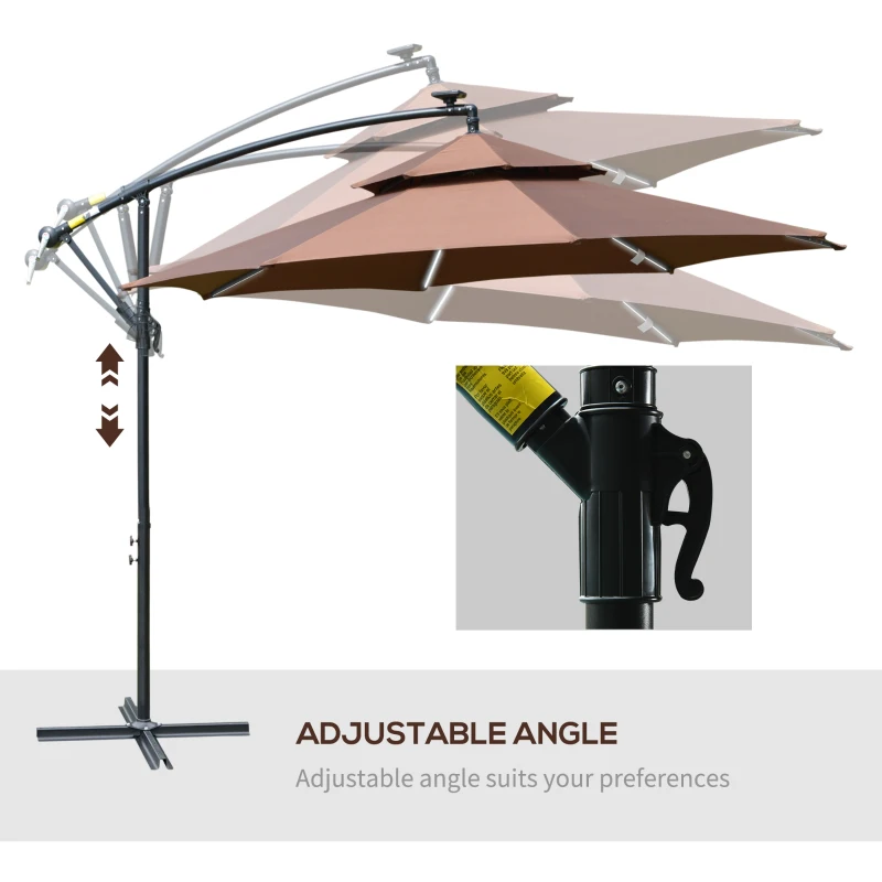 Best 3(m) Cantilever Banana Parasol Hanging Umbrella with Double Roof, LED Solar lights, Crank, 8 Sturdy Ribs and Cross Base for Outdoor, Garden, Patio, Coffee - Image 6