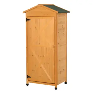 Best Wooden Garden Shed, Outdoor Storage Cabinet with 2 Shelves and Hooks, Locking Organiser Outdoor Narrow Tool House, 74x55x155cm, Yellow